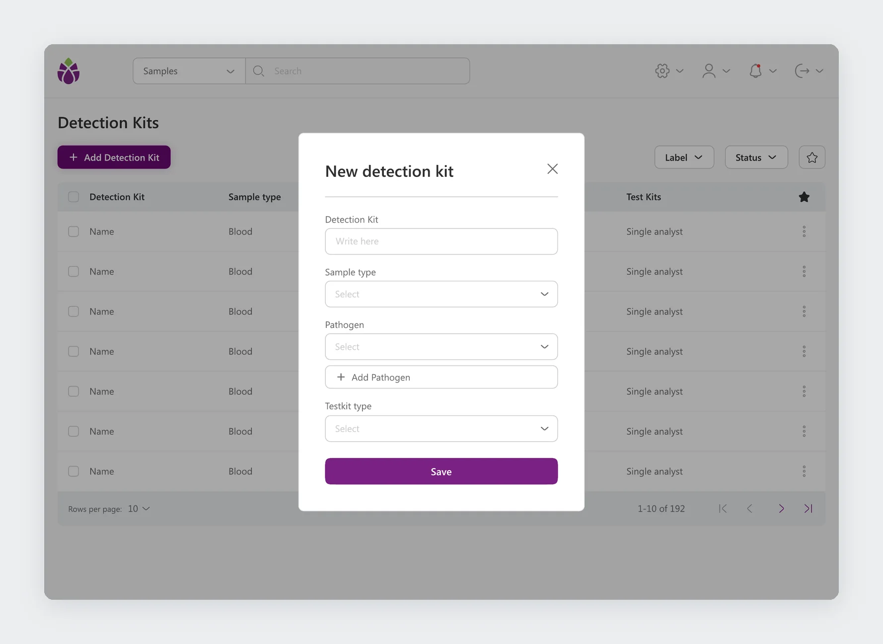 New detection kit modal with sample type, pathogen and test kit type