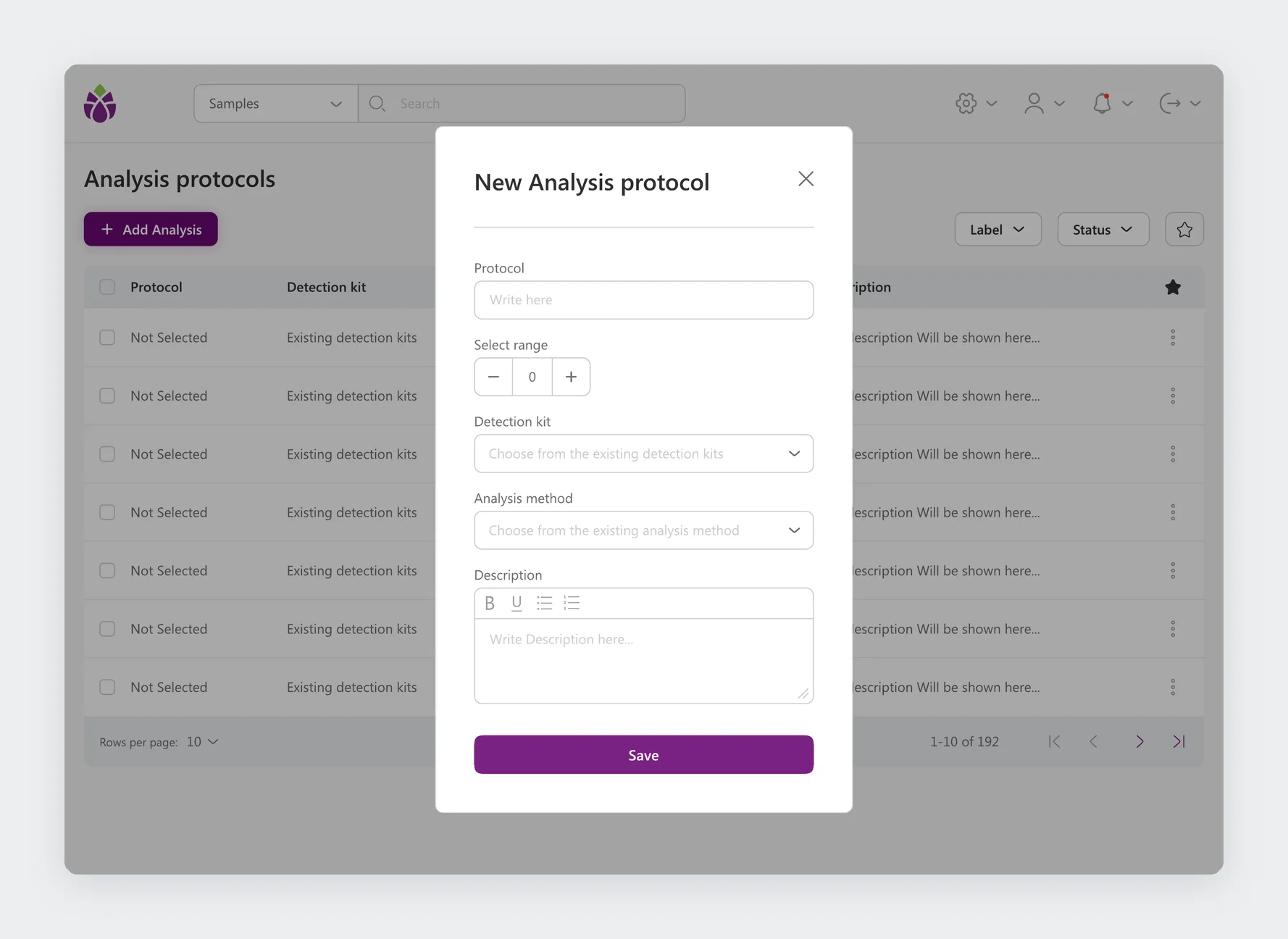 New analysis protocol modal with range, detection kit, analysis method and description