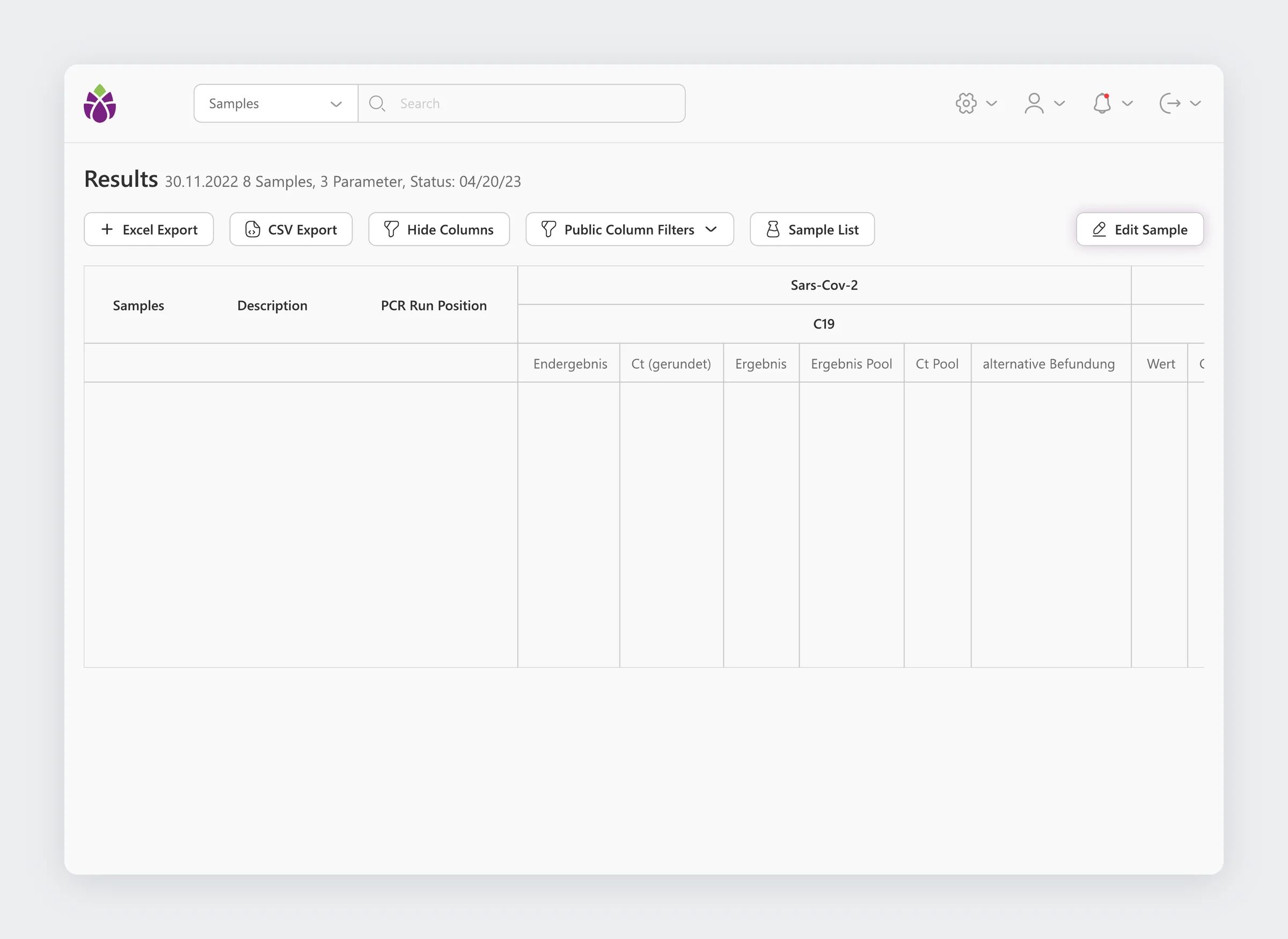 Results table for a run with samples, PCR run position and values per target, with export buttons