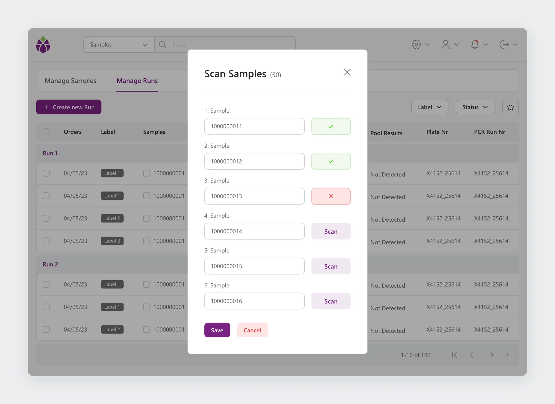Scan Samples modal with six sample numbers, two confirmed, one rejected and three waiting to scan