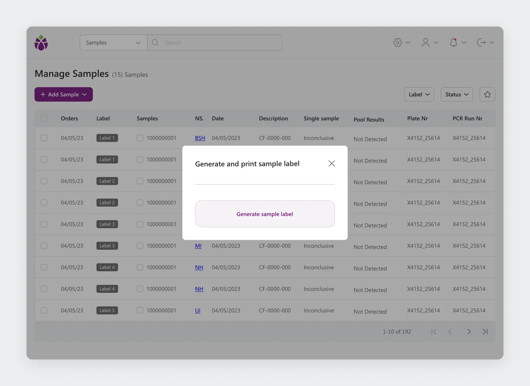 Generate and print sample label dialog shown when the sample has no label