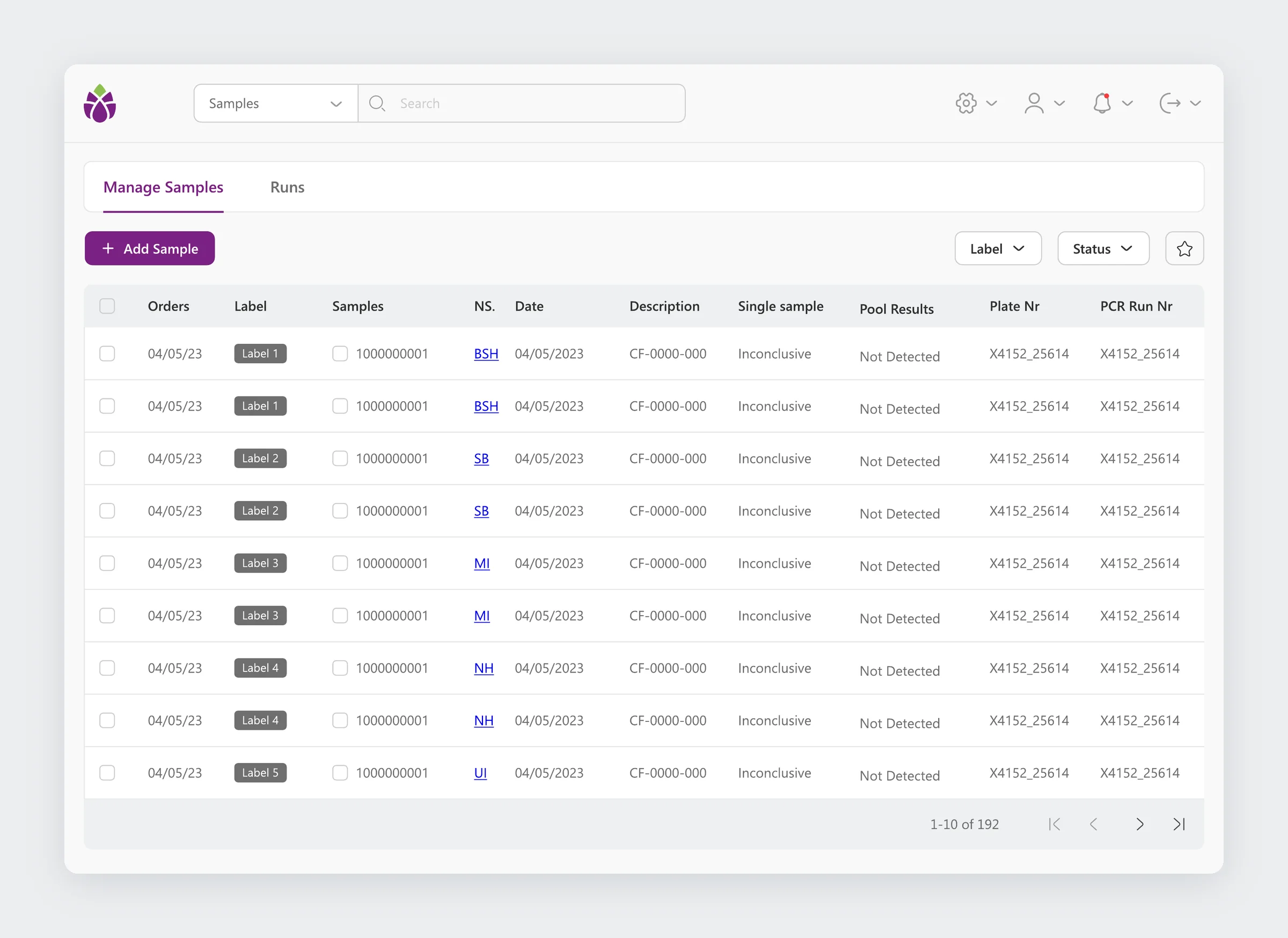 Manage Samples table with orders, labels, sample numbers, pool results, plate and PCR run numbers