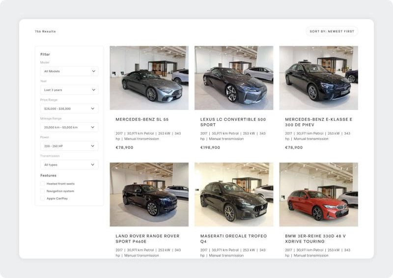 Autohaus Standard inventory with filters and a grid of vehicle cards