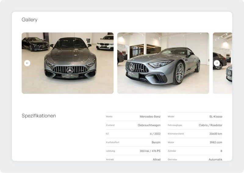 Autohaus Standard vehicle page with gallery and specifications table
