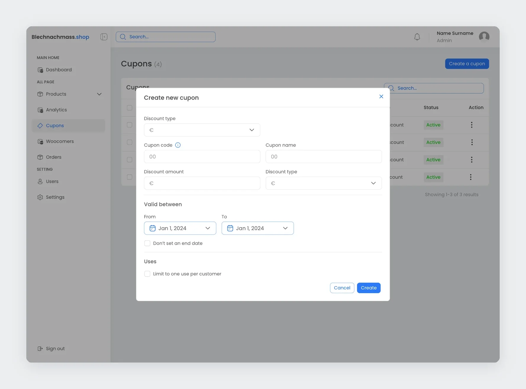 Create new coupon form with discount type, code, amount, and validity