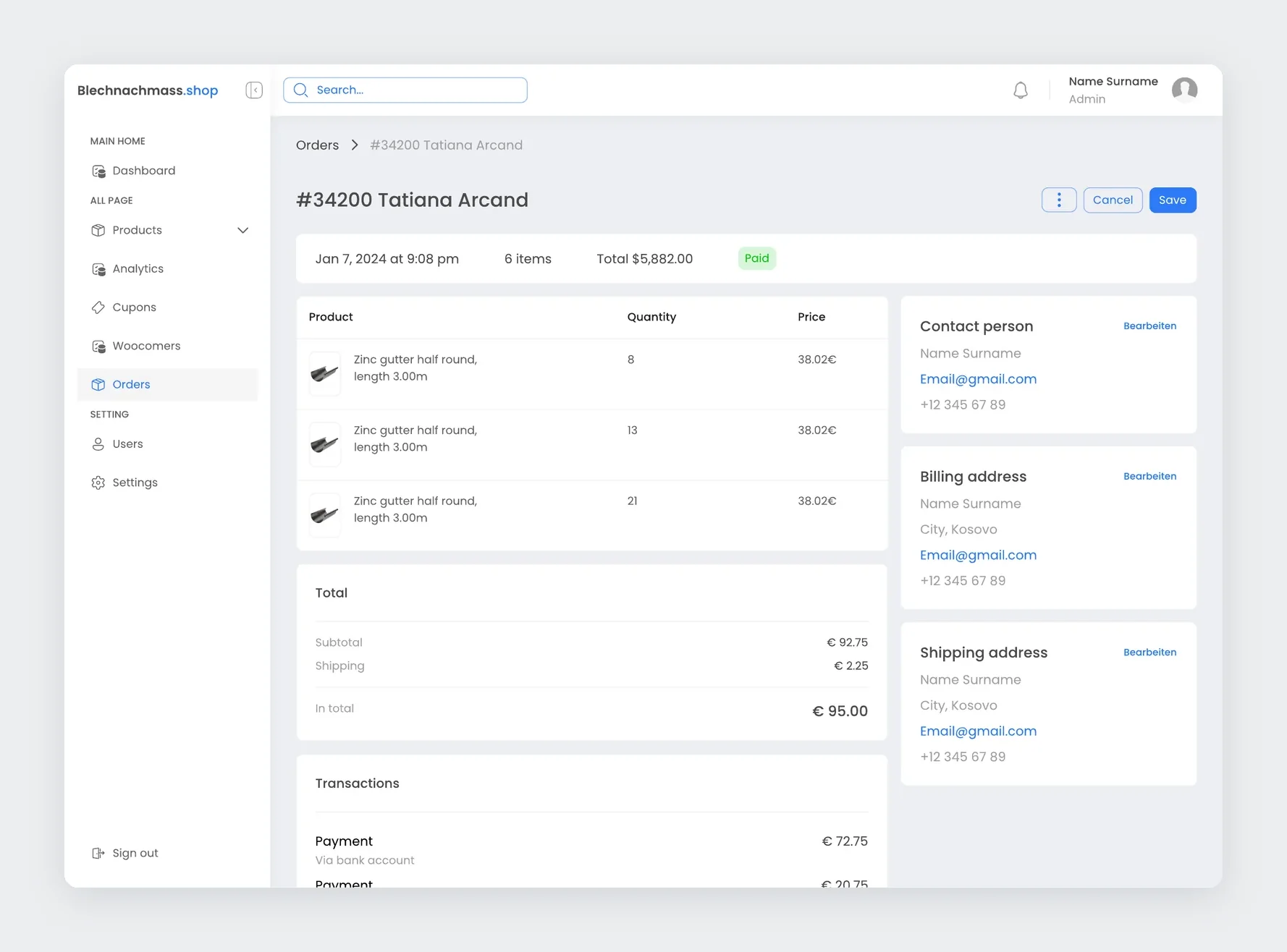 Admin single order with items, totals, payment, and customer details