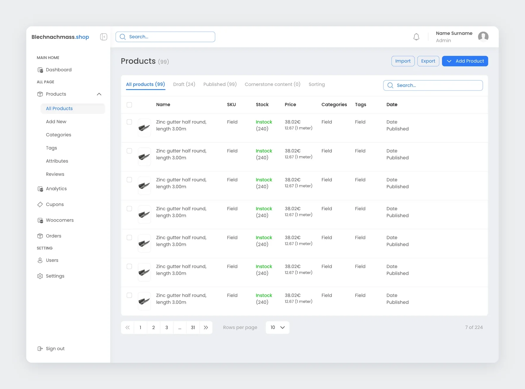 Admin product list with stock, price, categories, tags, and publish date