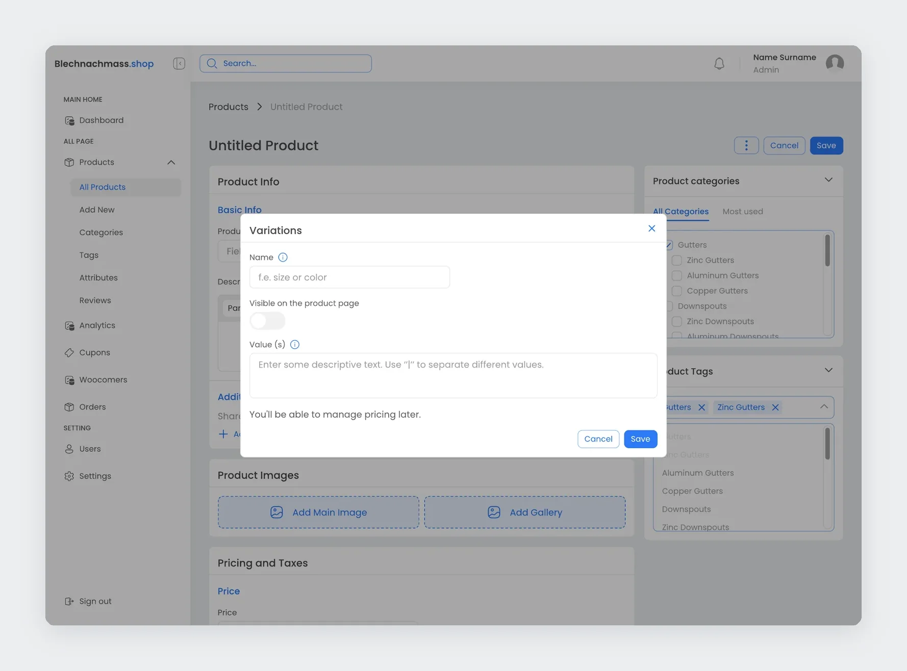 Adding a variation to a product in a modal over the product form