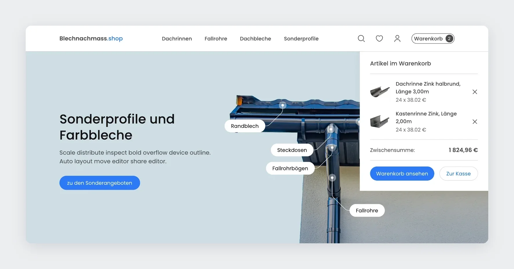 Homepage with the mini cart opened in the header showing two gutters and the subtotal