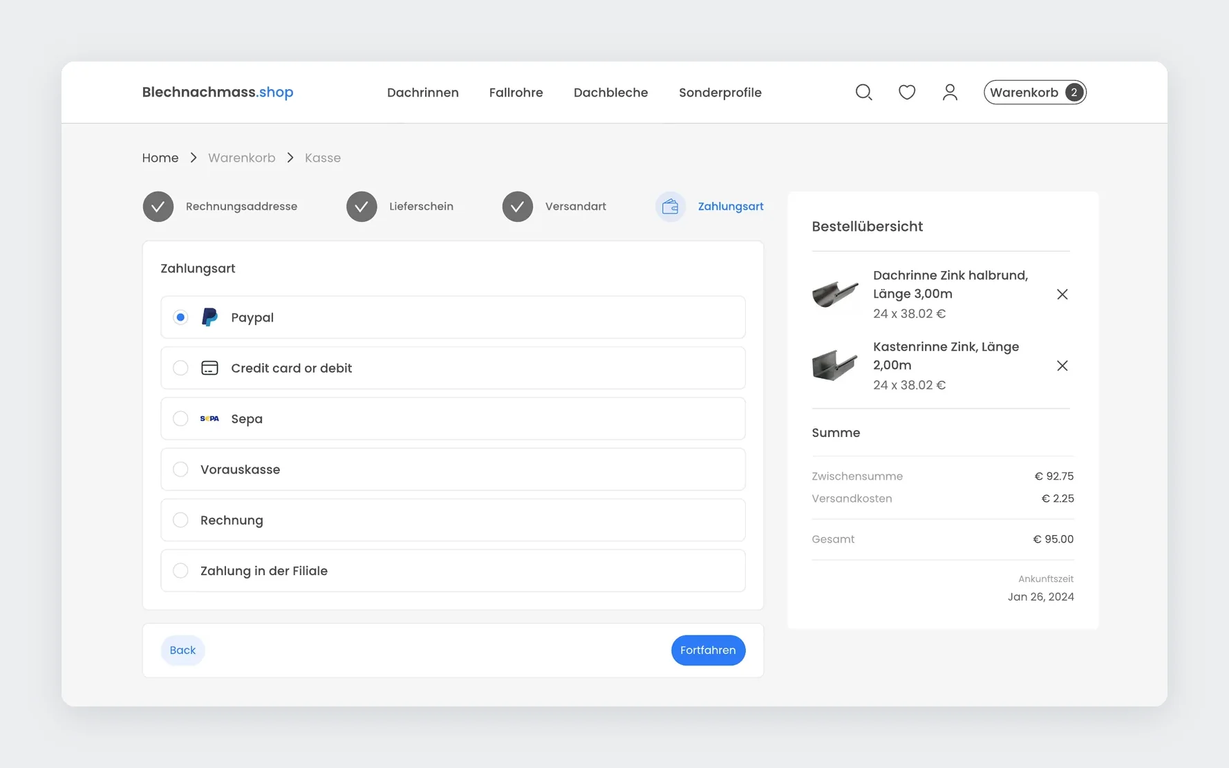 Checkout step: payment method, from PayPal to paying in the branch
