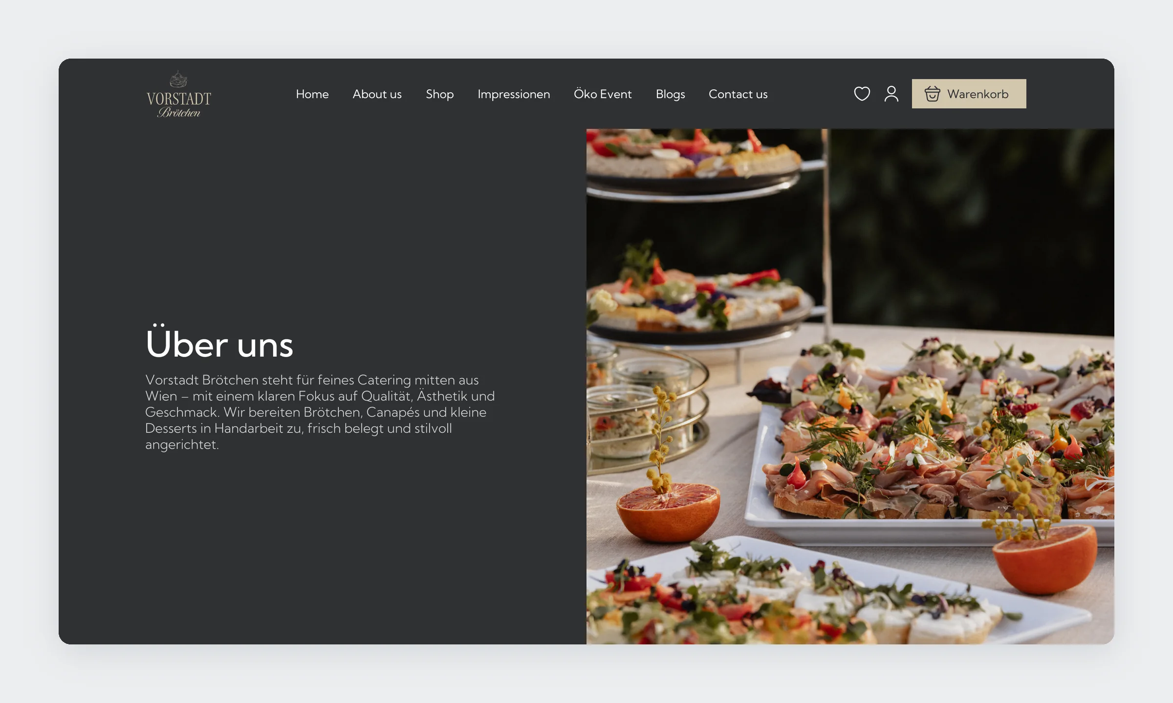 About page hero: Über uns on charcoal next to a catering table