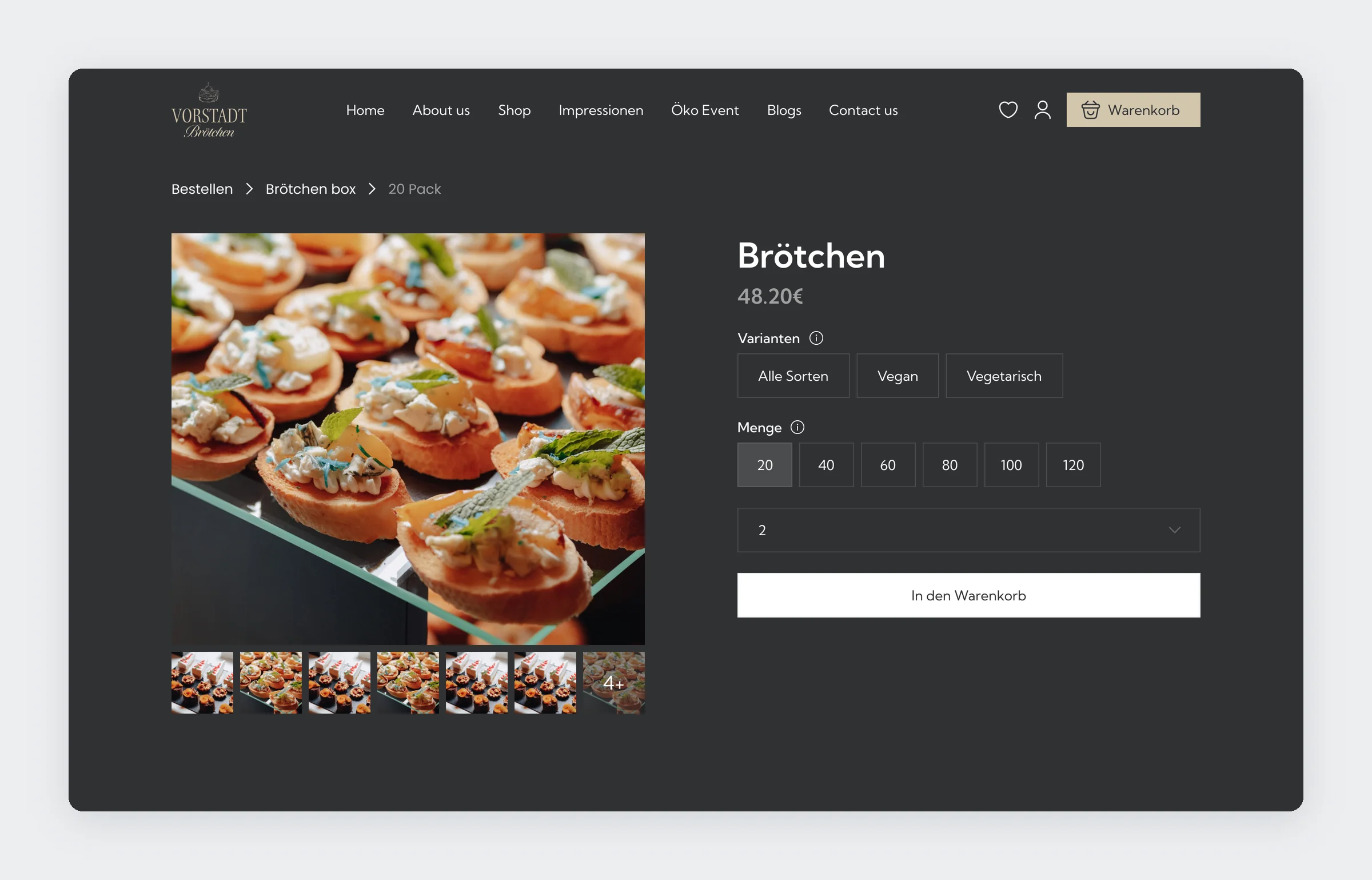 Box product page with variant buttons for all, vegan and vegetarian, and size buttons