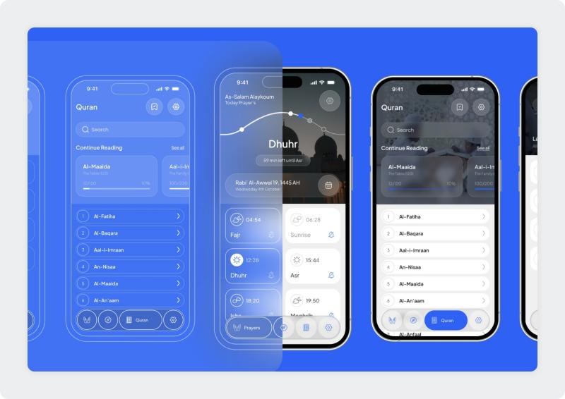 Islamic App screens shown as wireframes turning into the final interface