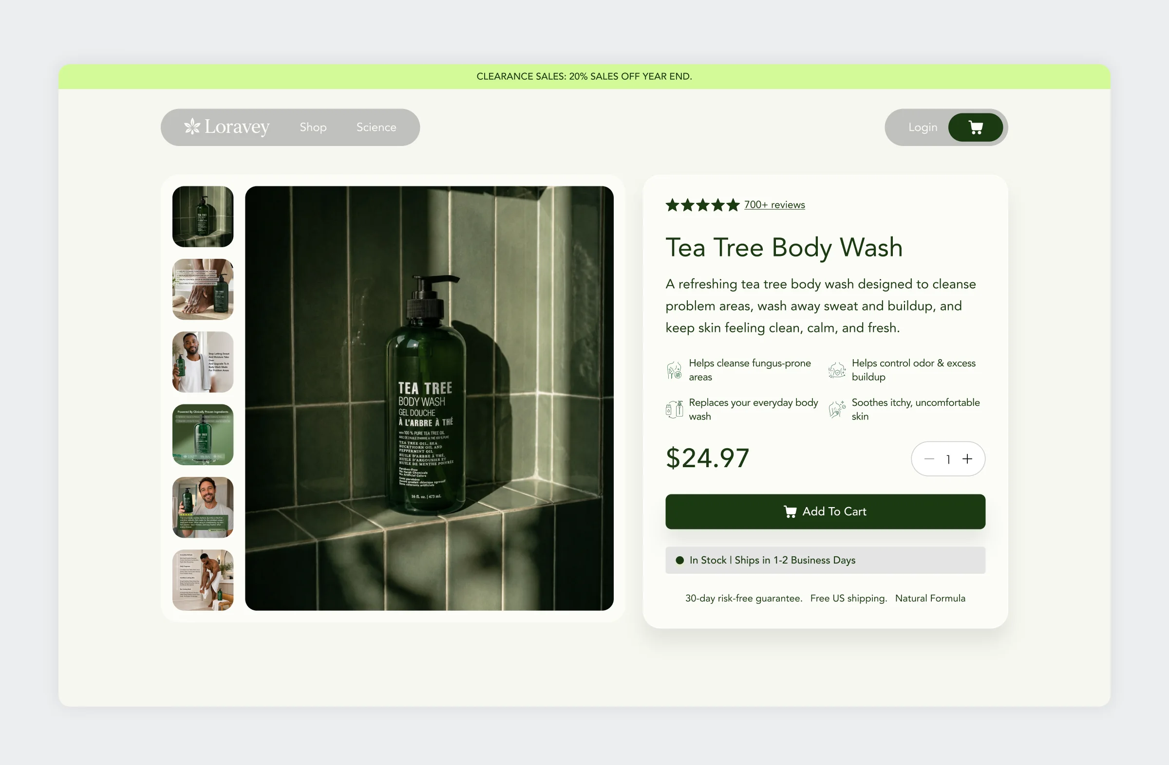 Loravey product page for the Tea Tree Body Wash with gallery, benefits, price and Add To Cart