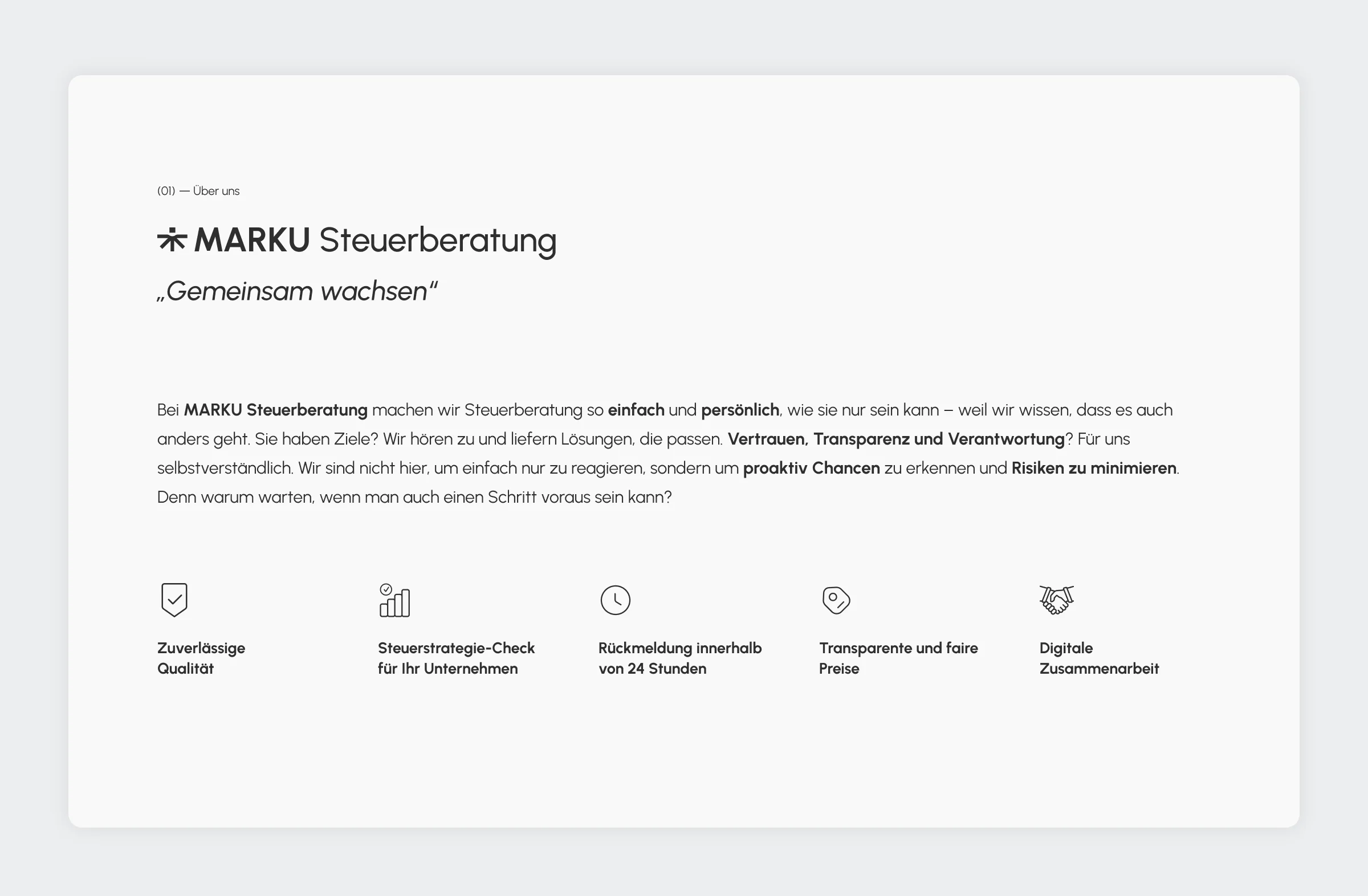 MARKU about section with the motto Gemeinsam wachsen and five promises with icons