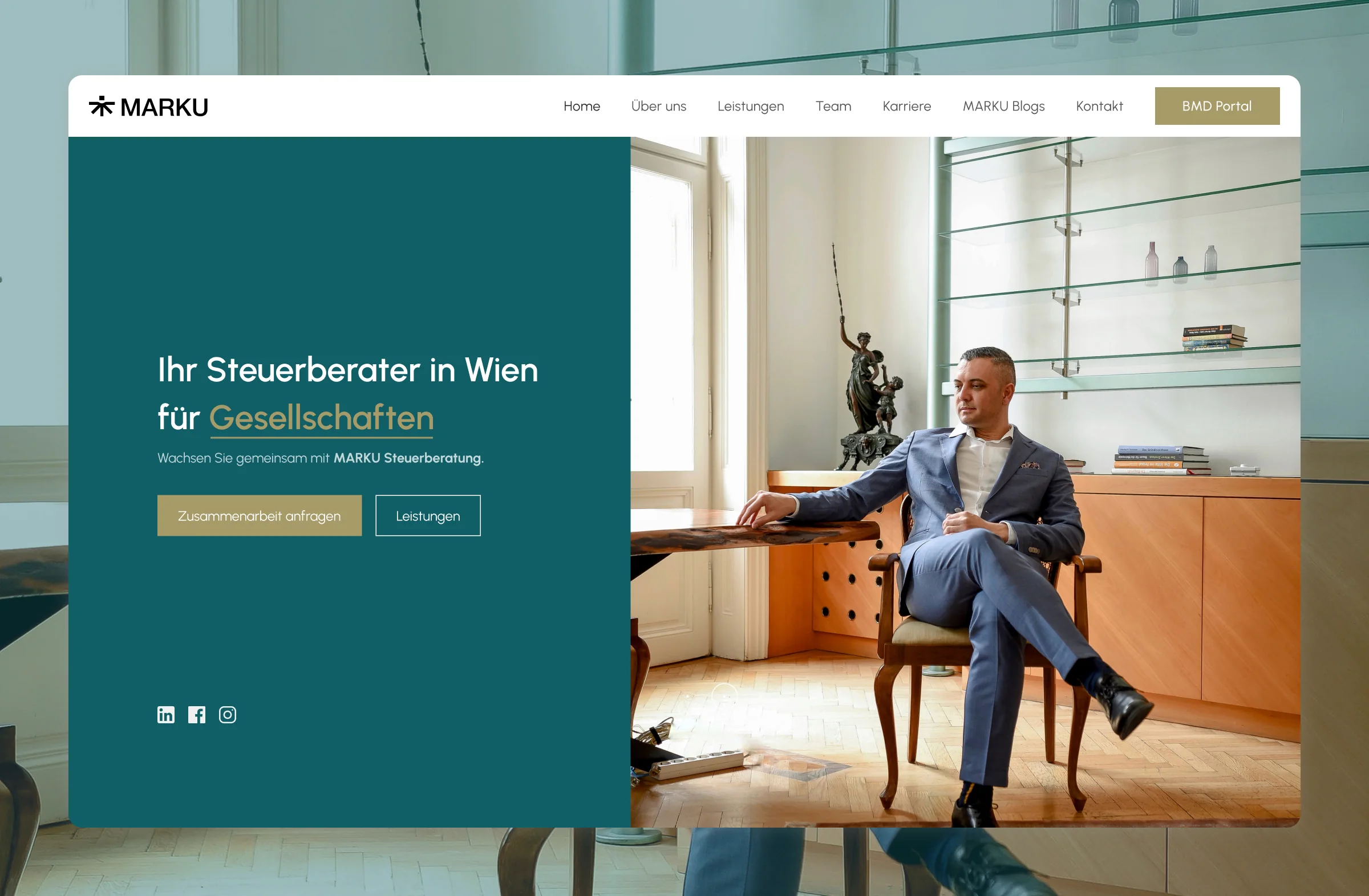 MARKU home page hero: Ihr Steuerberater in Wien für Gesellschaften, with the tax advisor in his office