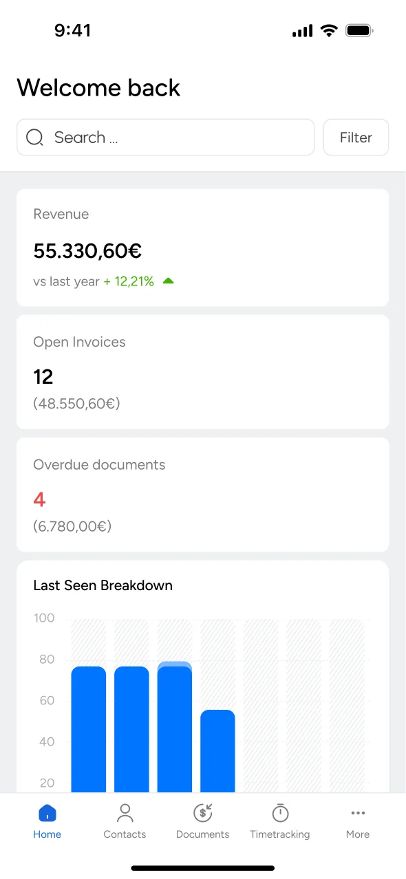 Mesh App mobile: Mobile home with revenue, open invoices and overdue documents