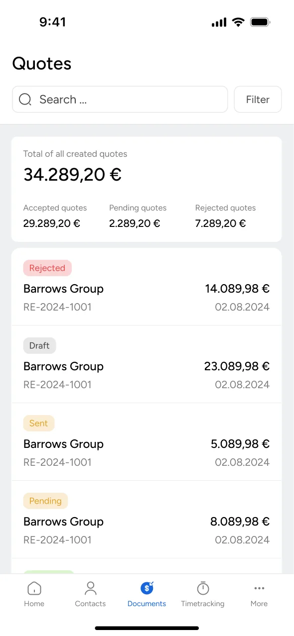 Mesh App mobile: Quotes list with totals and status chips
