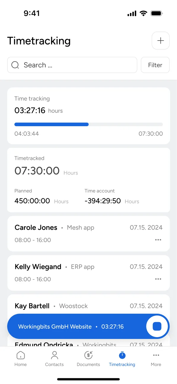 Mesh App mobile: Time tracking with a running timer and planned hours