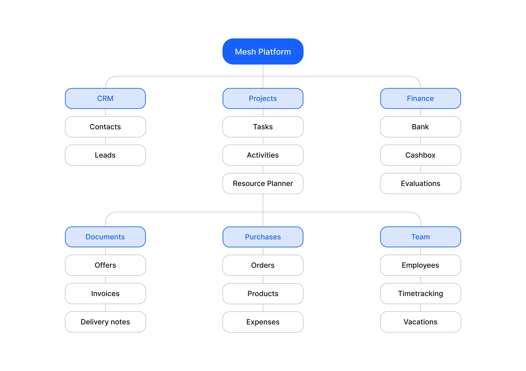 Mesh Platform sitemap: CRM, Projects, Finance, Documents, Purchases and Team, each with its pages