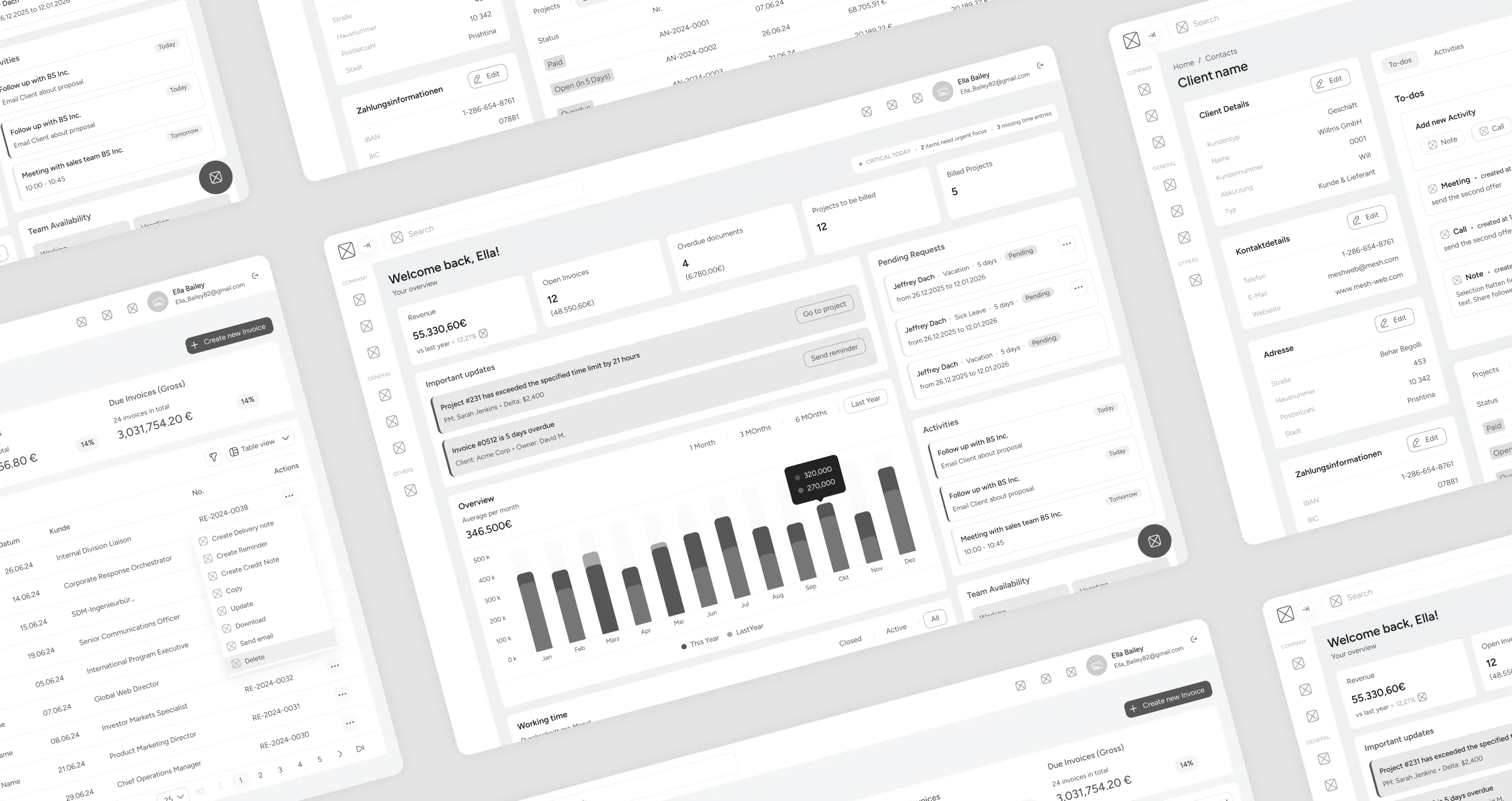 Mesh App wireframes: dashboard, invoice list and client detail in greyscale
