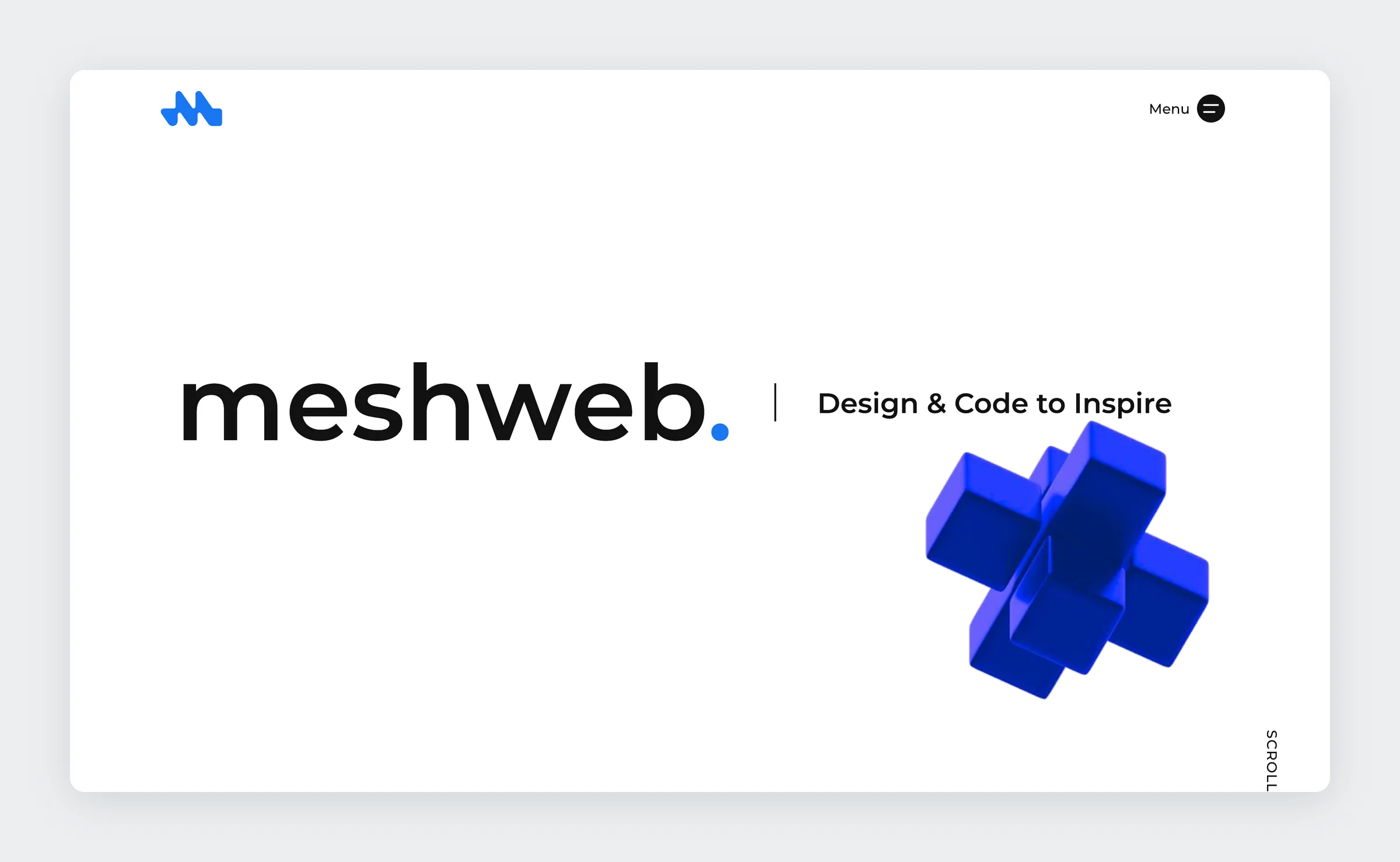 Mesh WEB home page: the meshweb wordmark, Design and Code to Inspire, and the 3D blue mark
