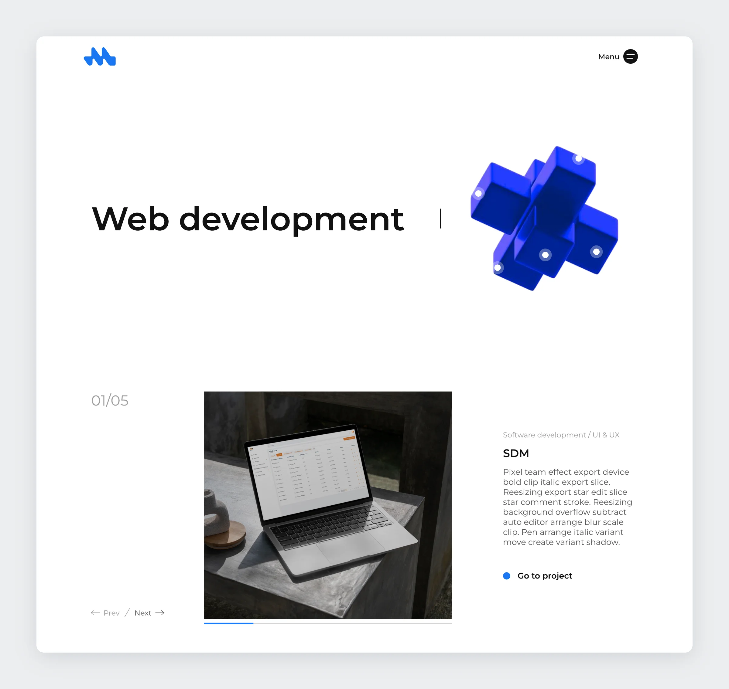 Web development service page with the 3D mark and a project slider