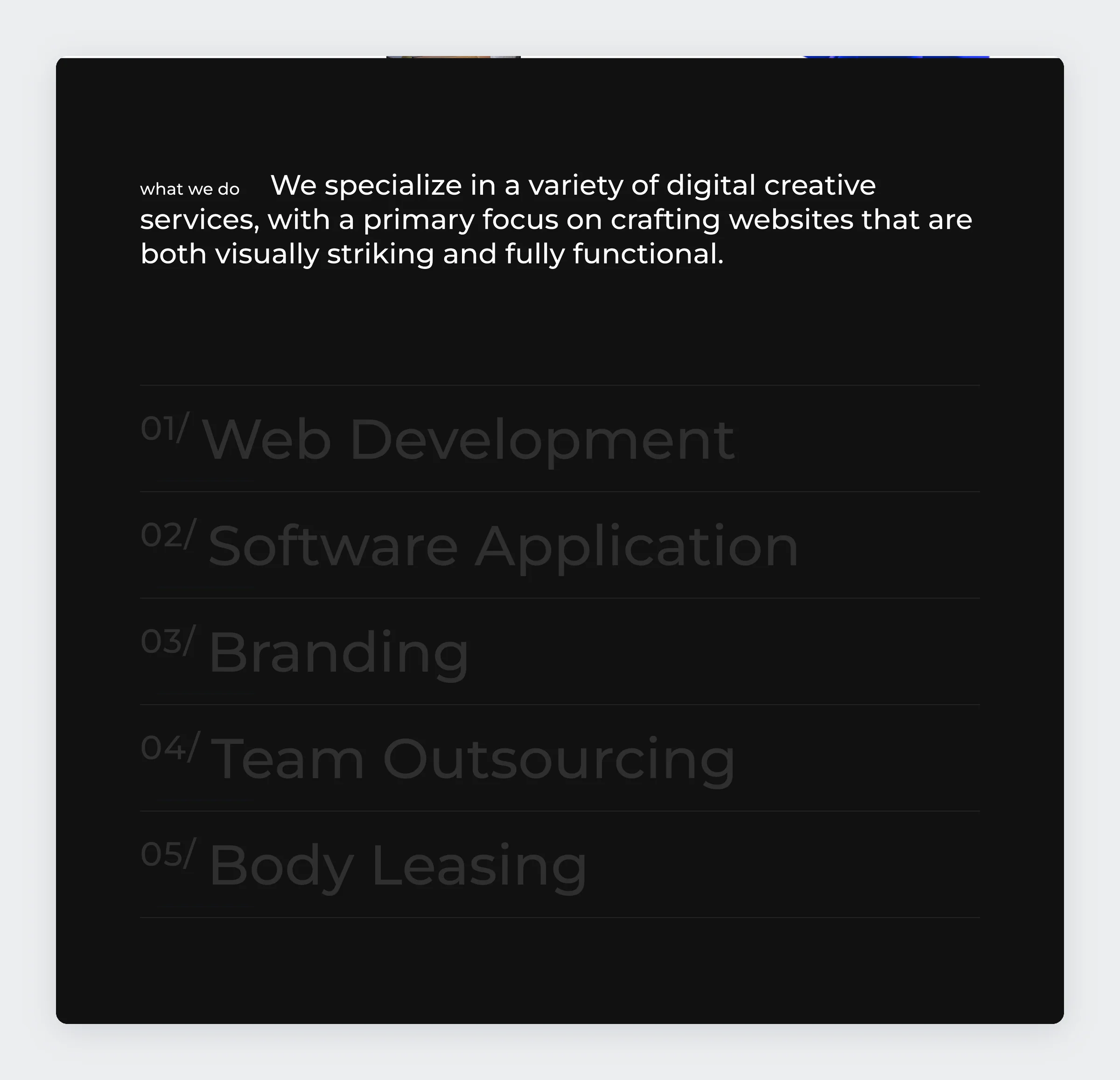Black services section listing web development, software application, branding, team outsourcing and body leasing