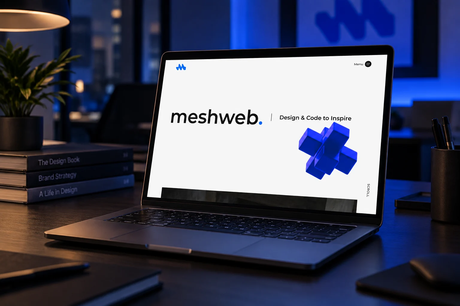 Mesh WEB home page on a laptop on a dark desk in an office lit in blue